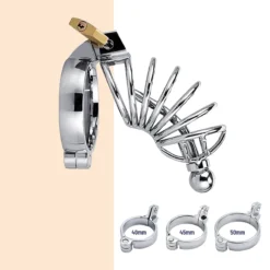 kf S3996a6176a2e4d679eab59c9b0e80b1dn Men Stainless Steel Metal Urethra Chastity Lock with 3 Snap Ring Penis Bondage BDSM Chastity Cage