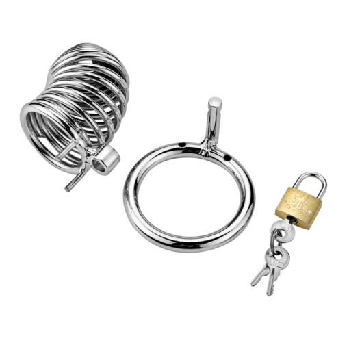 kf S59263a58086641b6b6ee45a00a64b14c2 Metal Adult Chastity Lock with 3 Snap Ring Penis Spiral Collars Confinement Male Private Parts Confinement