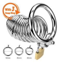kf S9cf65cfc231440139f4aea6857a9a2ebf Metal Adult Chastity Lock with 3 Snap Ring Penis Spiral Collars Confinement Male Private Parts Confinement